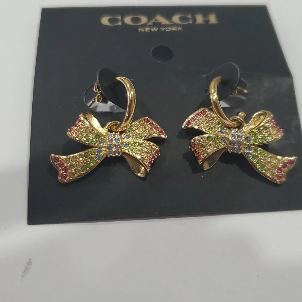 Coach‎ bright multicolored pave crystal gemstones adorned bow post earrings new - Picture 4 of 10